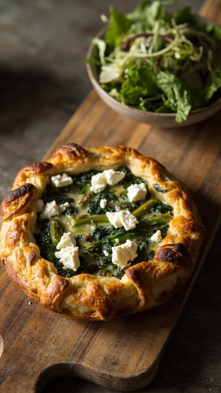 A green filled quiche where spinach and bits of asparagus are visible under a golden top, crumbled white feta on the surface, a small bowl of mixed greens dressed lightly beside the tart, and a wooden serving board