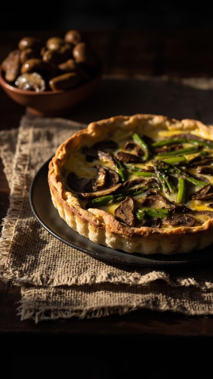 A rustic quiche with browned mushroom slices and asparagus pieces visible, a slightly crimped edge, a small pile of sautéed mushrooms in a bowl beside it, and a linen placemat on a dark table