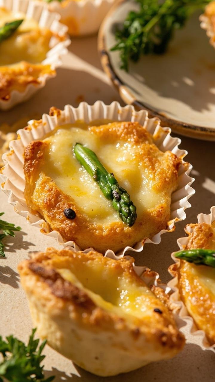 A small cluster of golden mini quiches in a muffin tin paper liners removed, each showing melted brie and a single asparagus tip, a small serving plate with two mini quiches and a sprig of parsley
