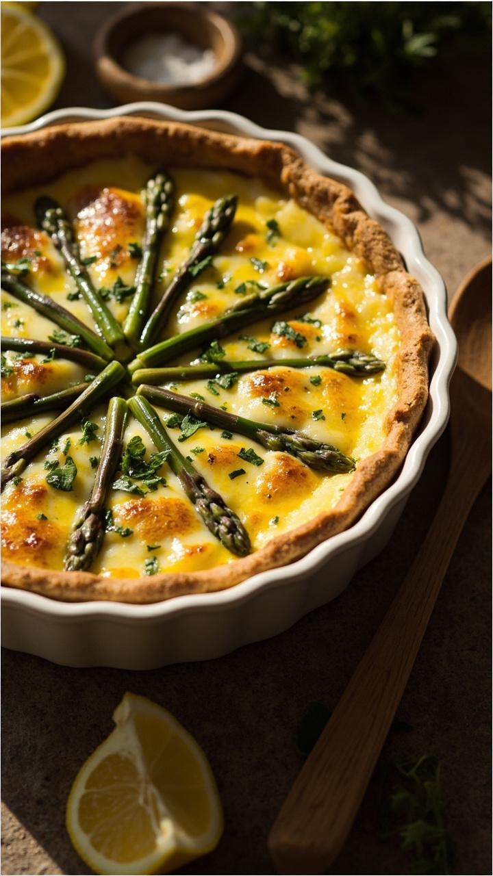 A crustless quiche in a ceramic pie dish with a slightly browned top and visible flecks of fresh herbs and asparagus tips, a wooden spoon beside the dish and a lemon wedge nearby