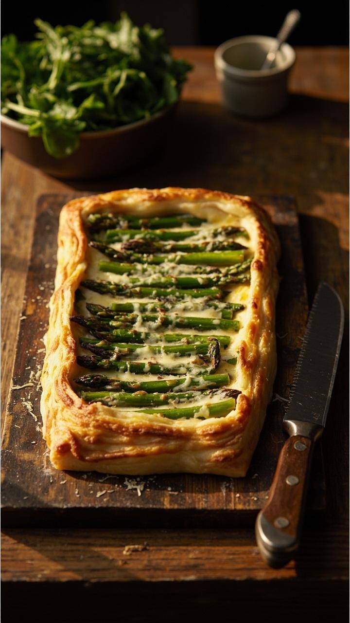 A rectangular puff pastry tart with asparagus spears neatly lined across the top and melted Parmesan around the edges, served on a wooden board with a serrated knife and a small bowl of mixed greens