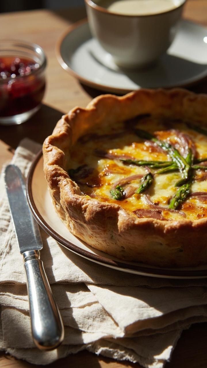 A quiche with a glossy top and visible ribbons of caramelized onion and asparagus tips, a small jar of homemade jam and a butter knife nearby, a soft napkin underneath