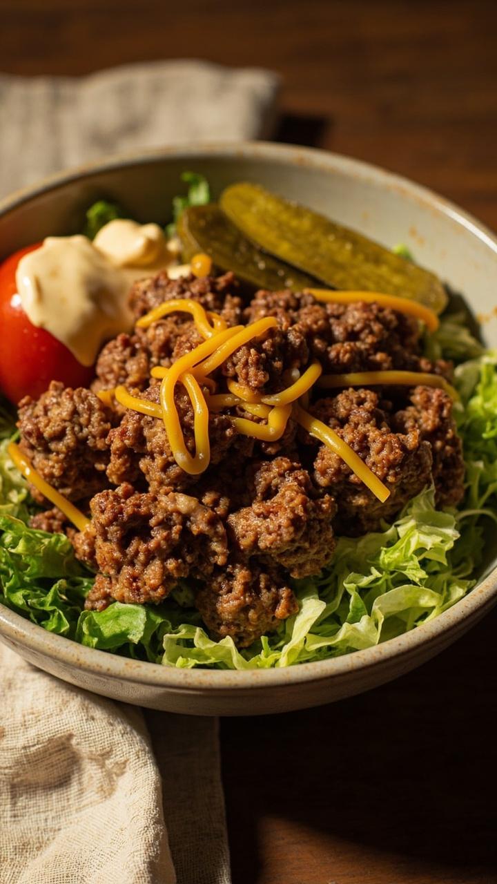 Crumbled seasoned hamburger meat nestled on a bed of shredded lettuce, melted cheddar strings, sliced dill pickles, tomato wedges, and a small drizzle of creamy sauce on the side. Bright green lettuce, warm brown meat, glossy tomato, and melted cheese create a comforting, no-bread burger scene on a single shallow bowl with a simple linen napkin.