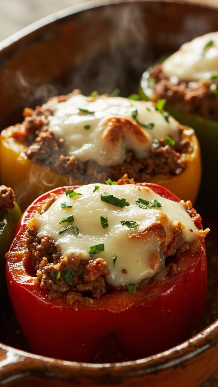 Halved red and green bell peppers standing upright on a baking dish, each filled with a mixture of browned beef, diced tomatoes, and melted mozzarella. A sprinkle of chopped parsley adds a fresh green pop. The peppers are glossy from baking with slightly caramelized edges visible.