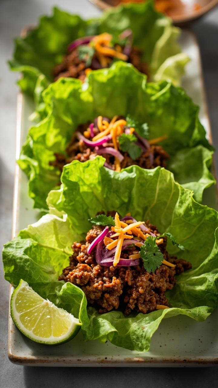Crisp butter lettuce leaves arranged on a rectangular platter, a scoop of seasoned browned hamburger meat on each leaf, topped with diced red onion, shredded cheddar, and a sprinkle of cilantro. A small lime wedge sits on the side for squeezing.