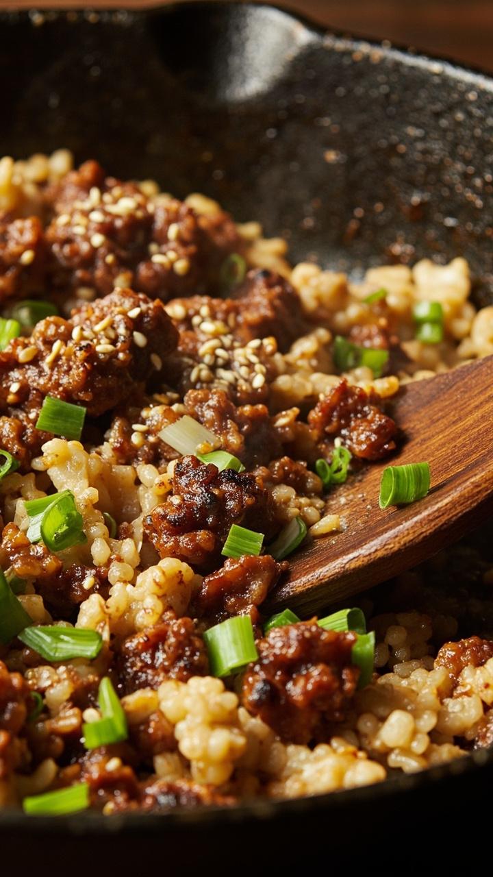 A shallow cast iron skillet filled with golden browned hamburger meat mixed through fluffy cauliflower rice, flecks of green from chopped scallions, and toasted sesame seeds sprinkled on top. A wooden spoon rests on the skillet edge.