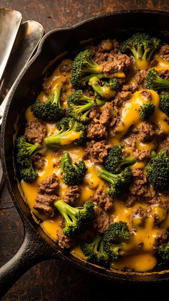 Tender broccoli florets and crumbled hamburger meat in a shallow skillet with melted sharp cheddar pooling in between. Bright green broccoli contrasts with warm brown beef and golden cheese. A pair of serving tongs sits beside the skillet.