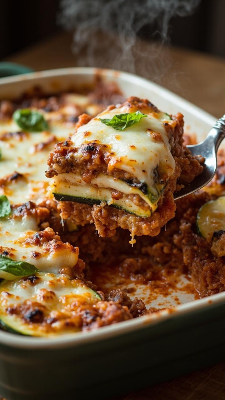 A shallow baking dish with visible layers of grilled zucchini slices alternating with rich meat and creamy ricotta. The top layer is golden mozzarella with a few basil leaves scattered for color. A serving spoon lifts a tidy piece to show layered interior.