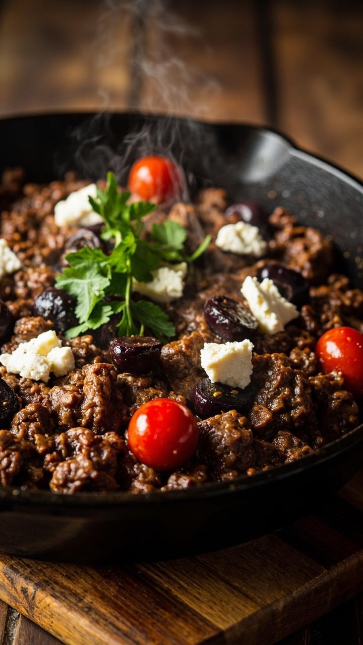 A shallow skillet of browned seasoned hamburger meat studded with halved cherry tomatoes and sliced Kalamata olives, crumbled white feta scattered on top, and a sprinkle of chopped parsley. Rustic wooden board beneath the skillet completes the cozy scene.
