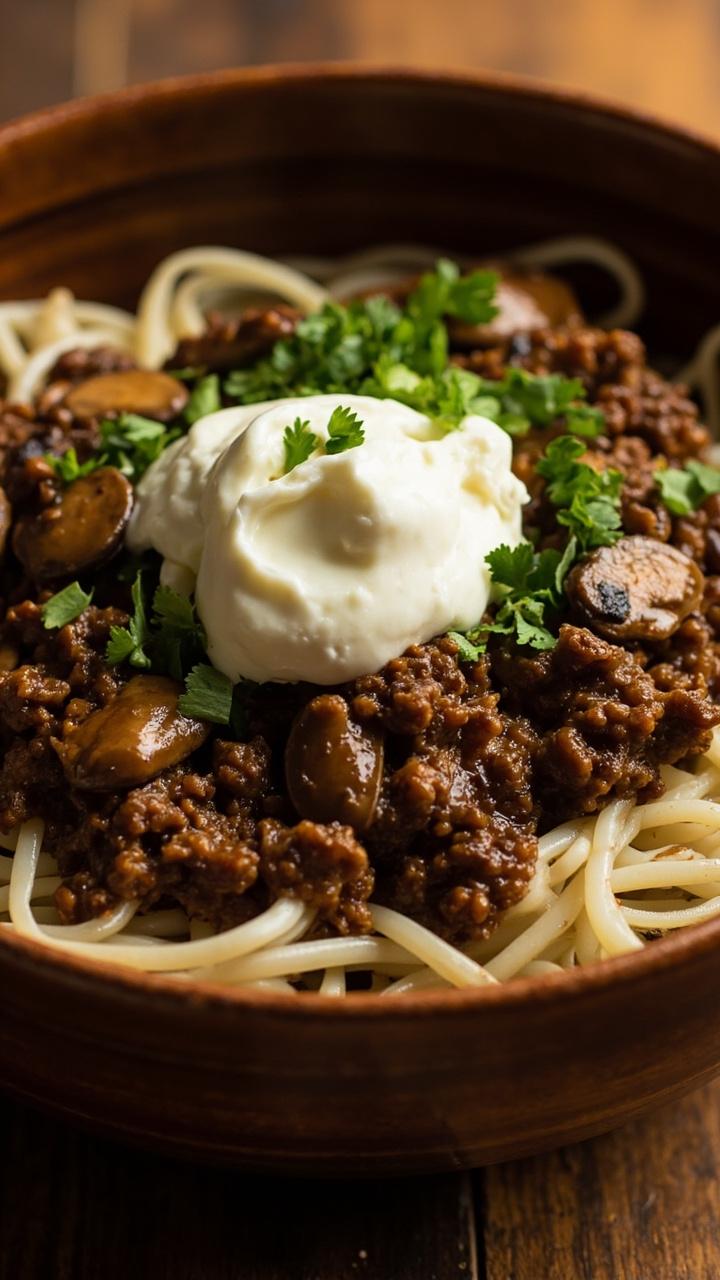 A deep bowl of glossy mushrooms and ground beef nestled over pale translucent shirataki noodles, a dollop of sour cream melting on top, and a sprinkle of chopped parsley. Earthy browns contrast with the light noodles and bright herb.