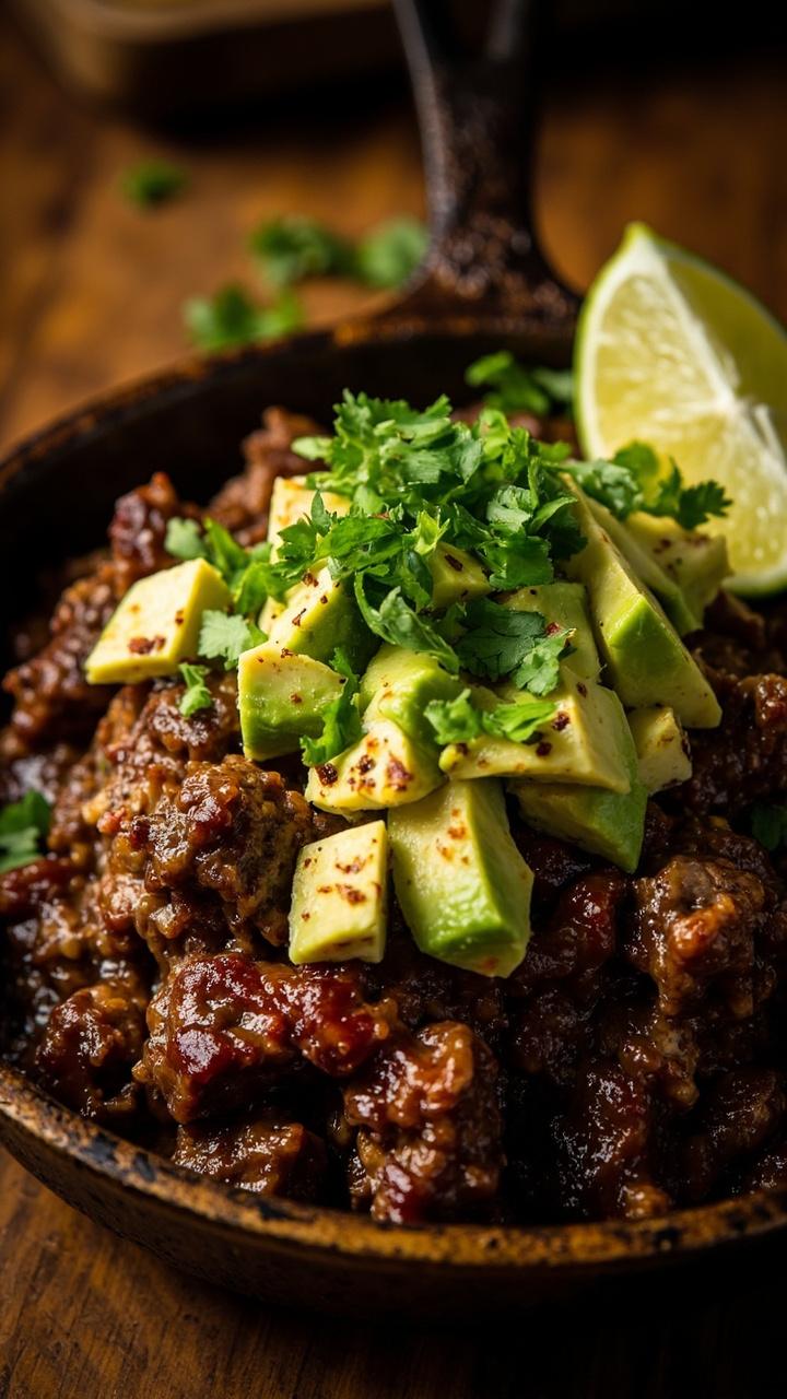A skillet of dark browned hamburger meat flecked with chipotle spices, topped with diced creamy avocado and a scattering of chopped cilantro. A wedge of lime sits beside the skillet to press over before serving.