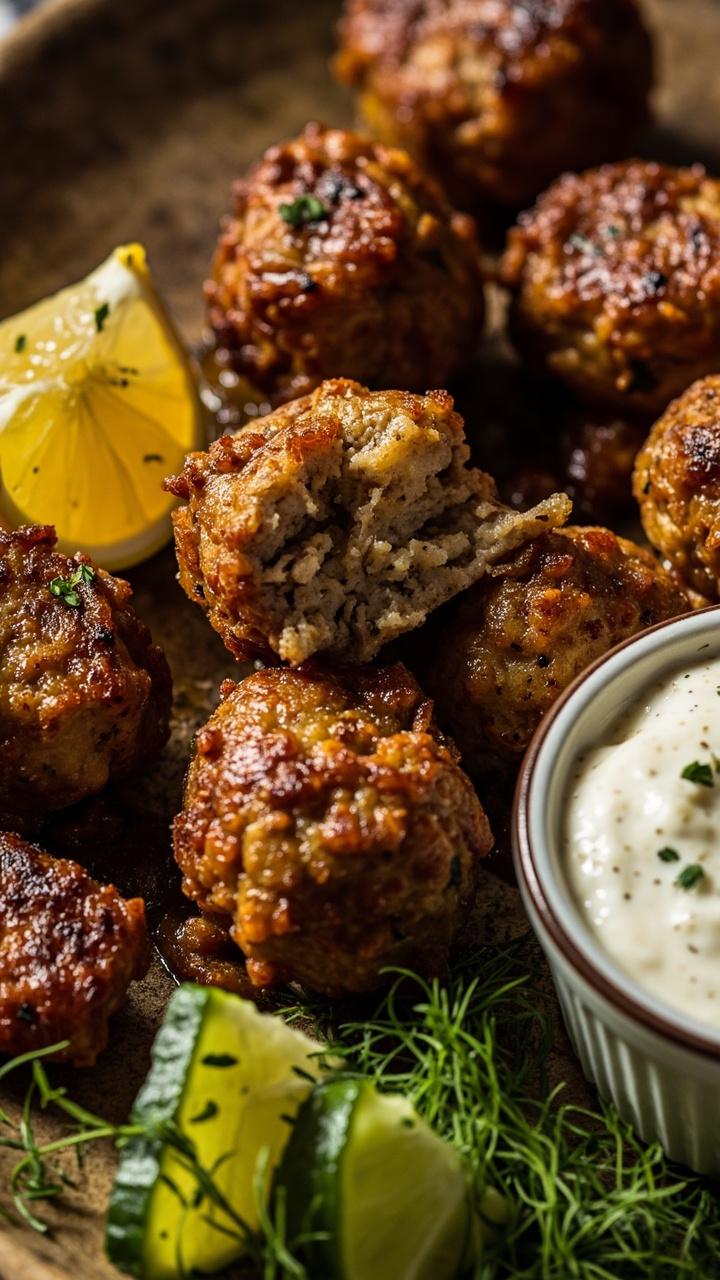 Golden baked meatballs arranged on a serving platter beside a small bowl of creamy tzatziki and lemon wedges, a few cucumber slices and chopped dill for garnish. The meatballs have a slightly browned exterior and a moist interior visible in one sliced open.