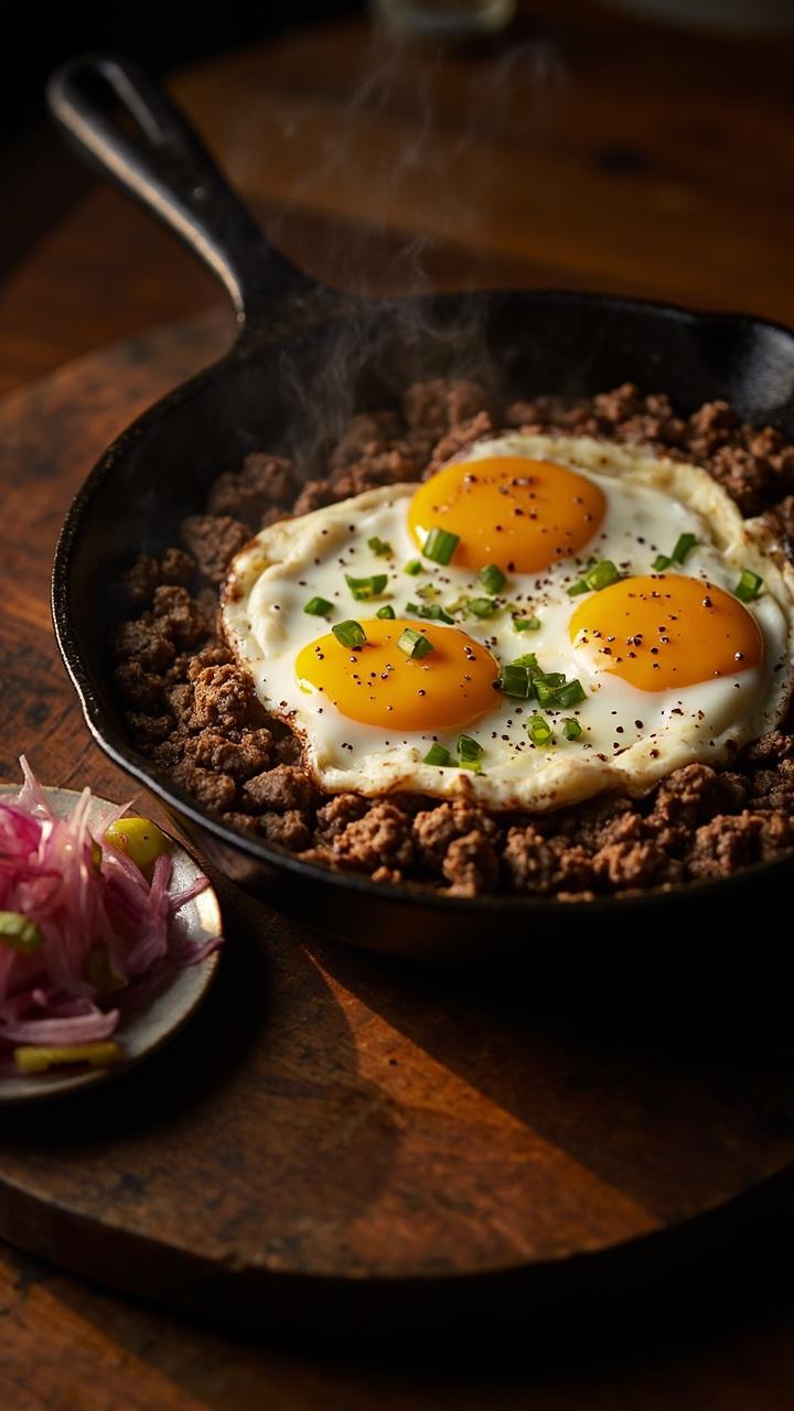 A rustic skillet with crumbled browned hamburger spread flat and several eggs cracked on top, whites set and yolks slightly runny, garnished with chopped chives and a dusting of black pepper. A small plate with pickled vegetables sits beside the skillet.