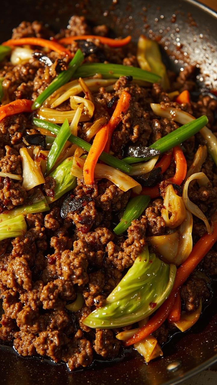 A shallow pan showing browned ground beef mixed with glossy shredded green cabbage and thin carrot ribbons, finished with sliced scallions on top. The cabbage has a slight char and the dish looks saucy but not soupy.