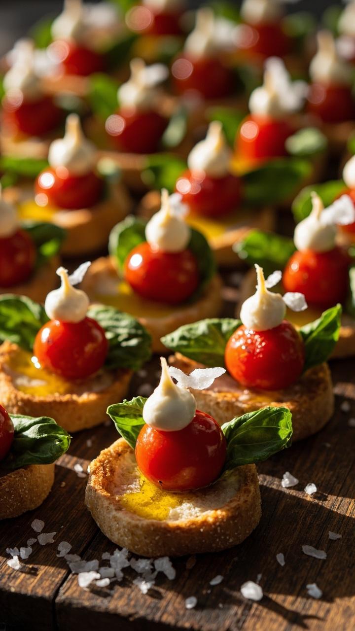 Rows of small skewers on a wooden board each with a cherry tomato, a mini mozzarella ball, a basil leaf, and a thin slice of baguette crust, drizzled with olive oil and scattered with coarse sea salt
