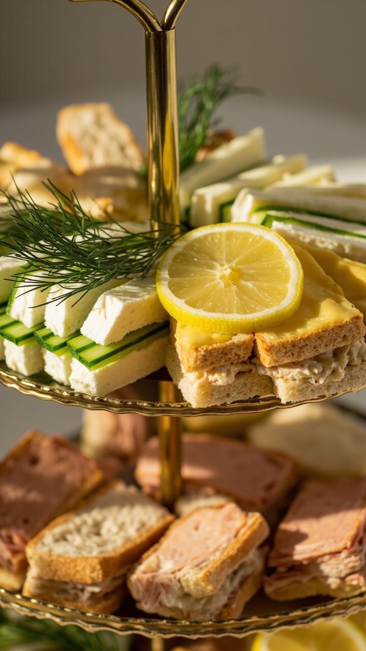 A tiered serving tray with neat rectangles of cucumber cream cheese sandwiches, egg salad squares, and smoked turkey thin sandwiches, garnished with dill sprigs and lemon slices