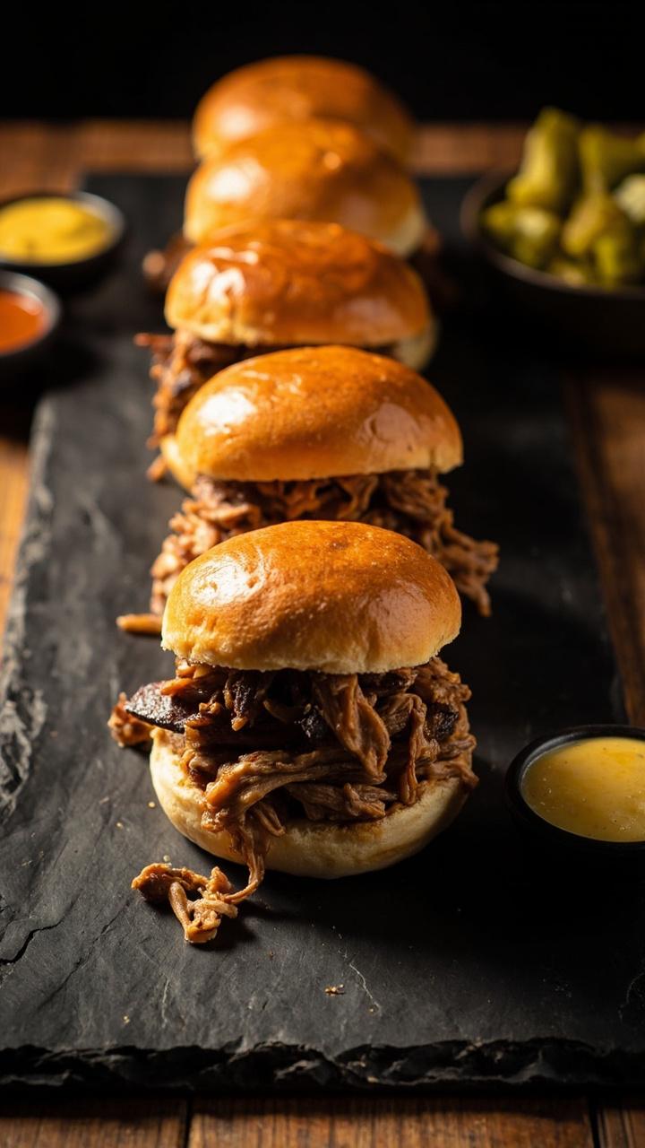 A long slate board with three rows of mini slider buns filled with roasted beef, pulled chicken, and grilled portobello, small bowls of pickles and a mustard aioli at each end