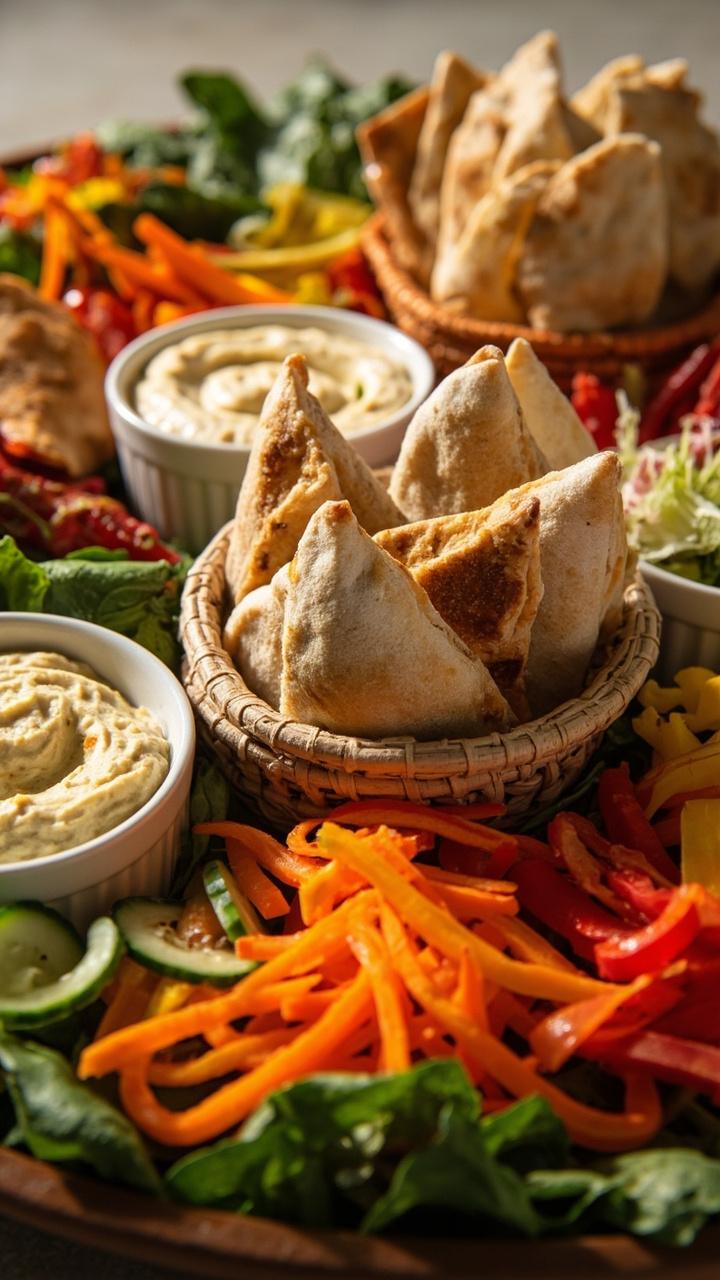 A spread with halves of small pita pockets standing upright in a shallow basket, bowls of hummus, sliced bell peppers, shredded carrots, cucumber ribbons, and spinach leaves arranged around them