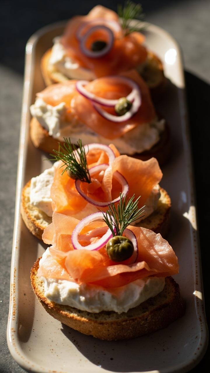A long ceramic tray with toasted sourdough slices topped with cream cheese, thin smoked salmon ribbons, capers, thinly sliced red onion, and small dill sprigs