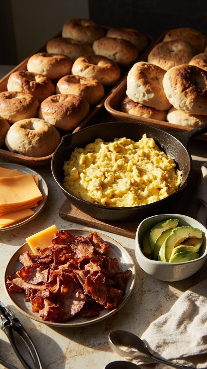 A countertop with rows of toasted English muffins, a skillet of scrambled eggs, plates of crispy bacon, slices of cheddar, and a bowl of sliced avocado, all arranged with napkins and tongs