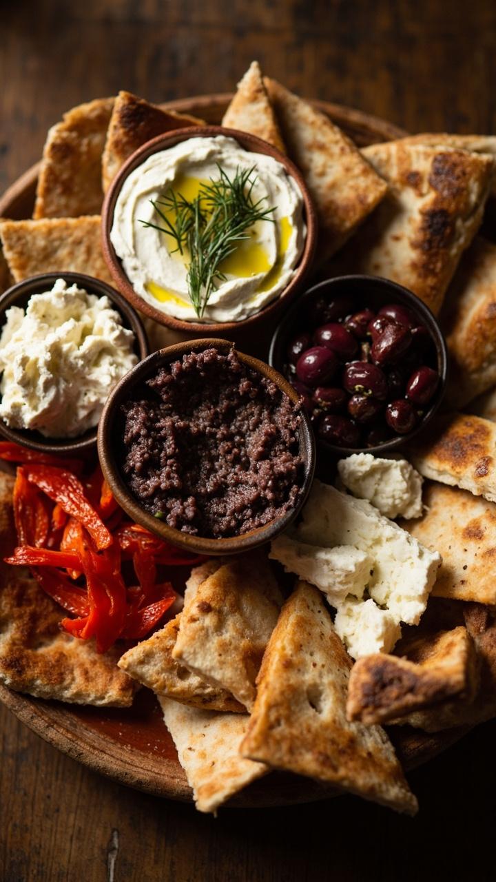 A round platter with toasted pita wedges arranged like a sun, small bowls of tzatziki, olive tapenade, feta crumble, and roasted red pepper strips filling the center