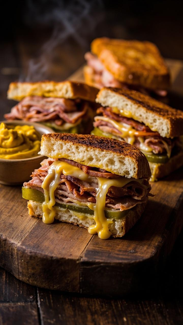 A rectangular wooden board with warm pressed mini Cuban sandwiches cut into fingers showing layers of pork, ham, Swiss cheese, and pickles, with a small dish of yellow mustard at the corner