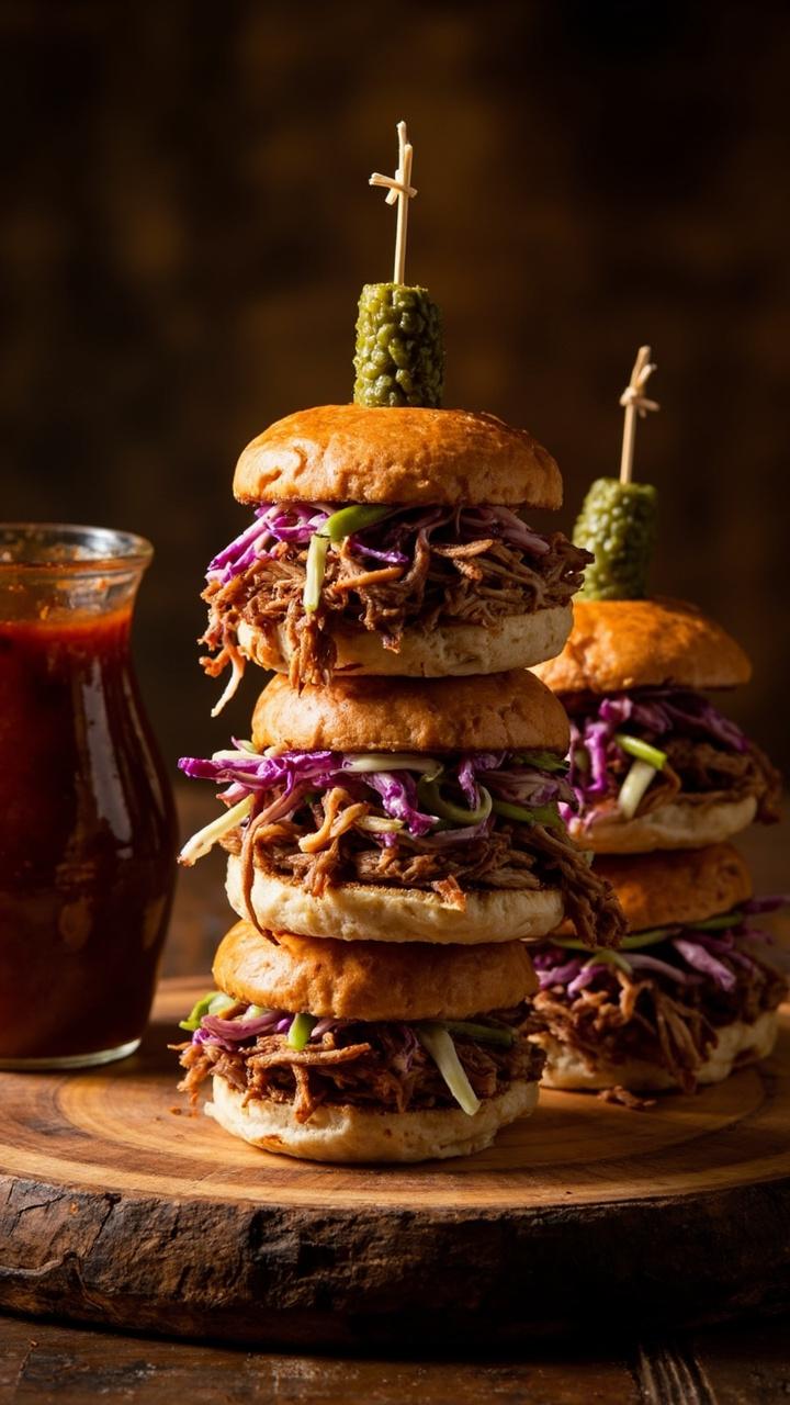 A small vertical stack of pulled pork sliders on a circular wooden base with each slider topped with tangy slaw and a pickle spear, a small jug of barbecue sauce nearby