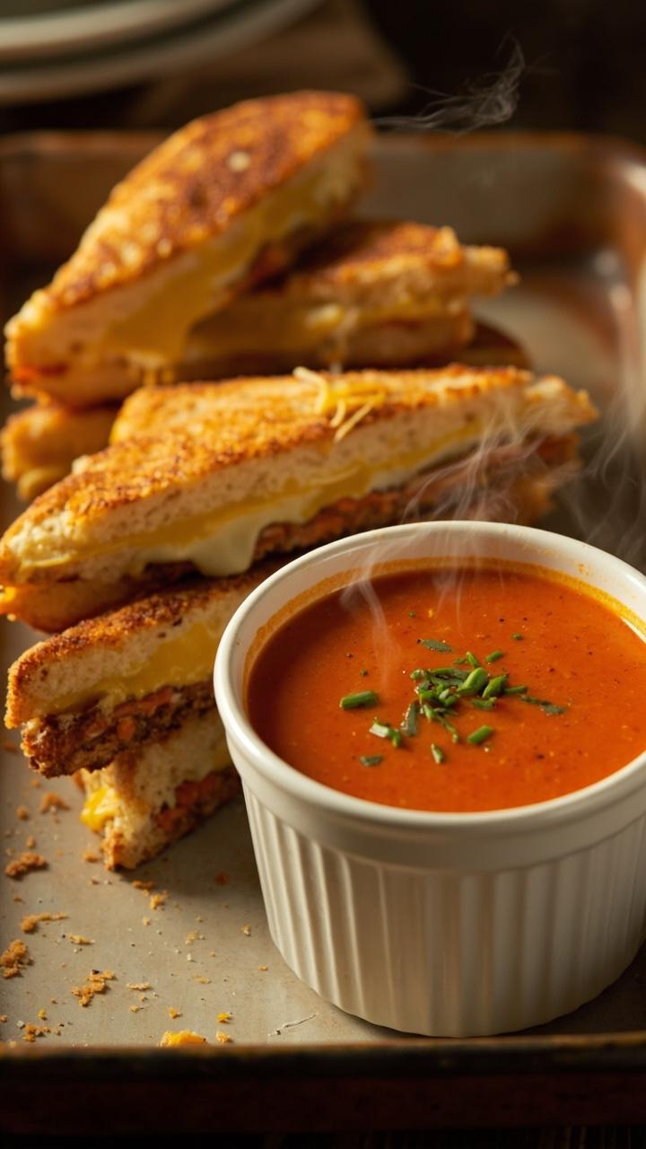 A large enamel tray with golden grilled cheese triangles stacked on one side and a white bowl of warm tomato soup for dipping on the other, a sprinkle of chopped chives on the soup