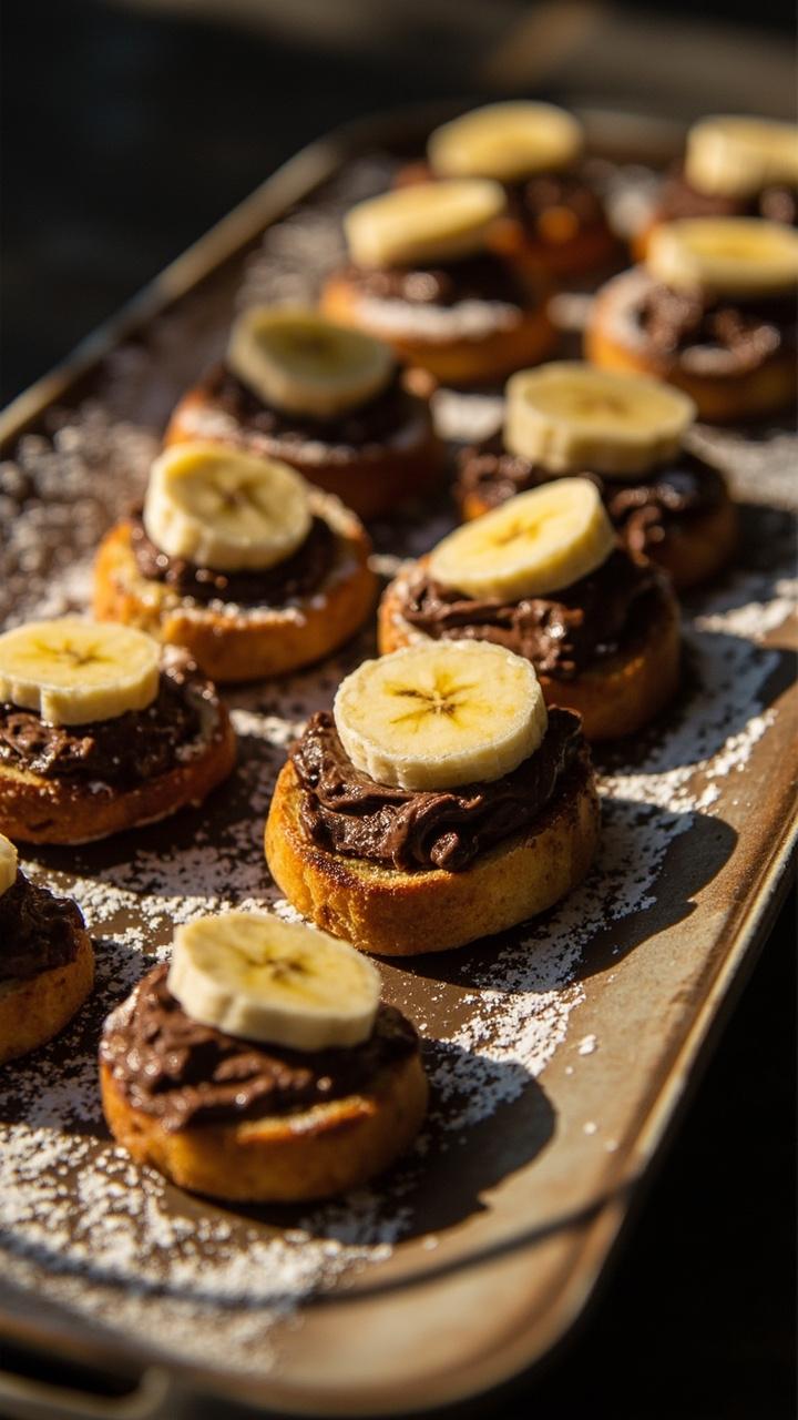 A serving platter with small toasted brioche rounds smeared with Nutella, topped with thin banana slices and a dusting of powdered sugar, a few extra banana slices scattered for color