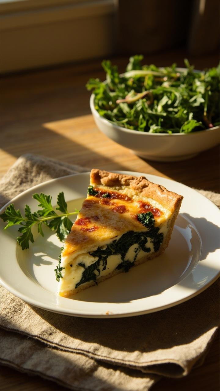 A golden quiche wedge on a white plate with visible ribbons of wilted spinach and soft ricotta curds, a small side bowl of lemony mixed greens, a sprig of fresh parsley, warm afternoon light and a folded linen napkin