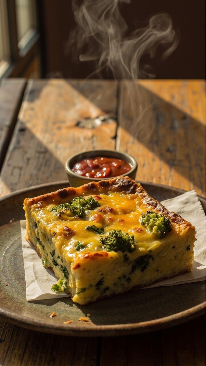A thick golden baked square of crustless quiche on a rustic plate with bright green broccoli florets visible, melted cheddar browning on top, a small ramekin of ketchup or hot sauce on the side, wooden table and a paper napkin