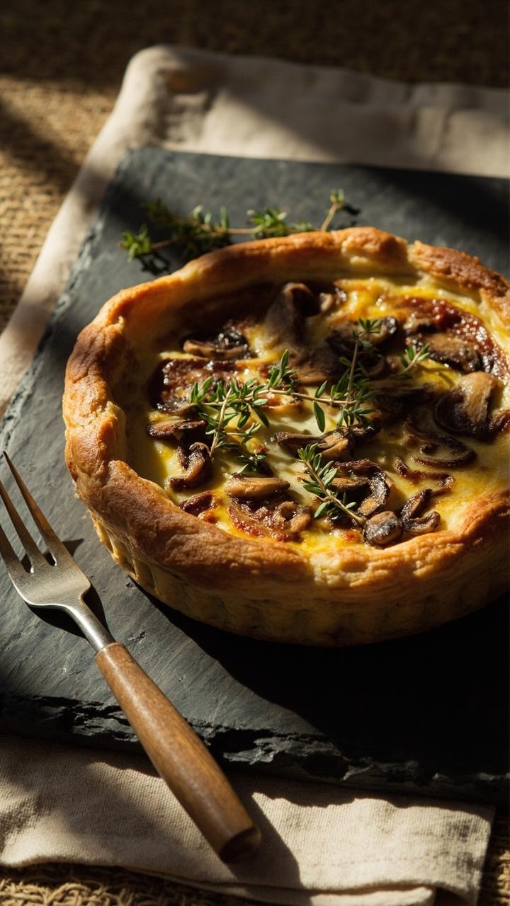 A flaky quiche on a slate board with a browned top studded with sliced sautéed mushrooms and small sprigs of thyme, a wooden fork, and a linen placemat