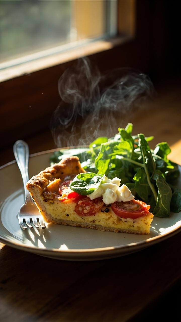 A slice of quiche showing tomato slices and creamy white goat cheese crumbles, a few basil leaves scattered on top, small plate with a side of arugula salad and a fork, sunlit windowsill