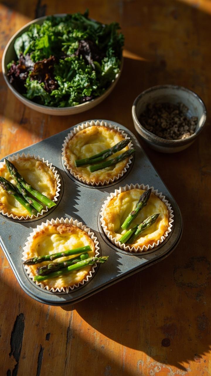 Three small golden-mini quiches in a muffin tin lined paper cups with asparagus tips peeking out, a small bowl of mixed greens nearby, wooden counter