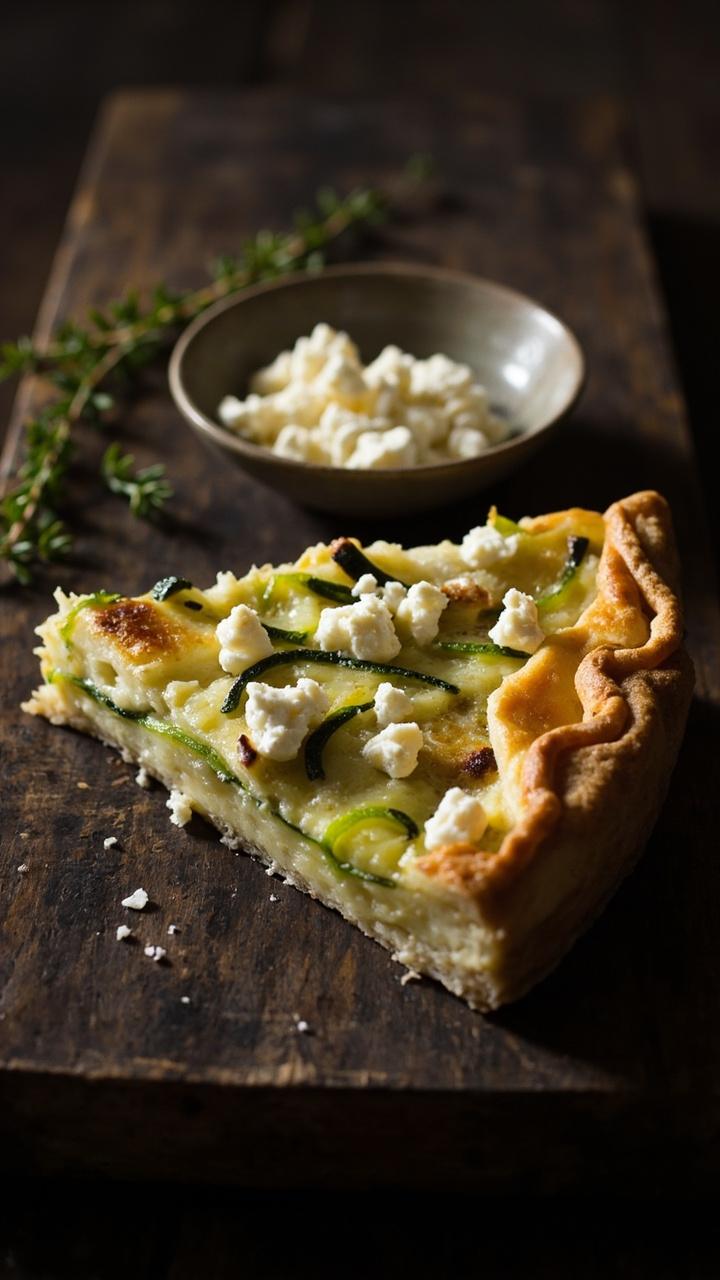 A wedge of quiche with thin green zucchini ribbons peeking through and white feta crumbles on top, a wooden board, a small dish of extra feta, and a sprig of fresh thyme
