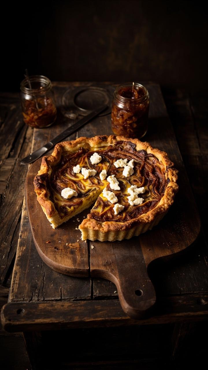 A quiche with a deep golden top and ribbons of caramelized onion visible, crumbled goat cheese on top, a small jar of extra caramelized onions nearby, dark wooden table
