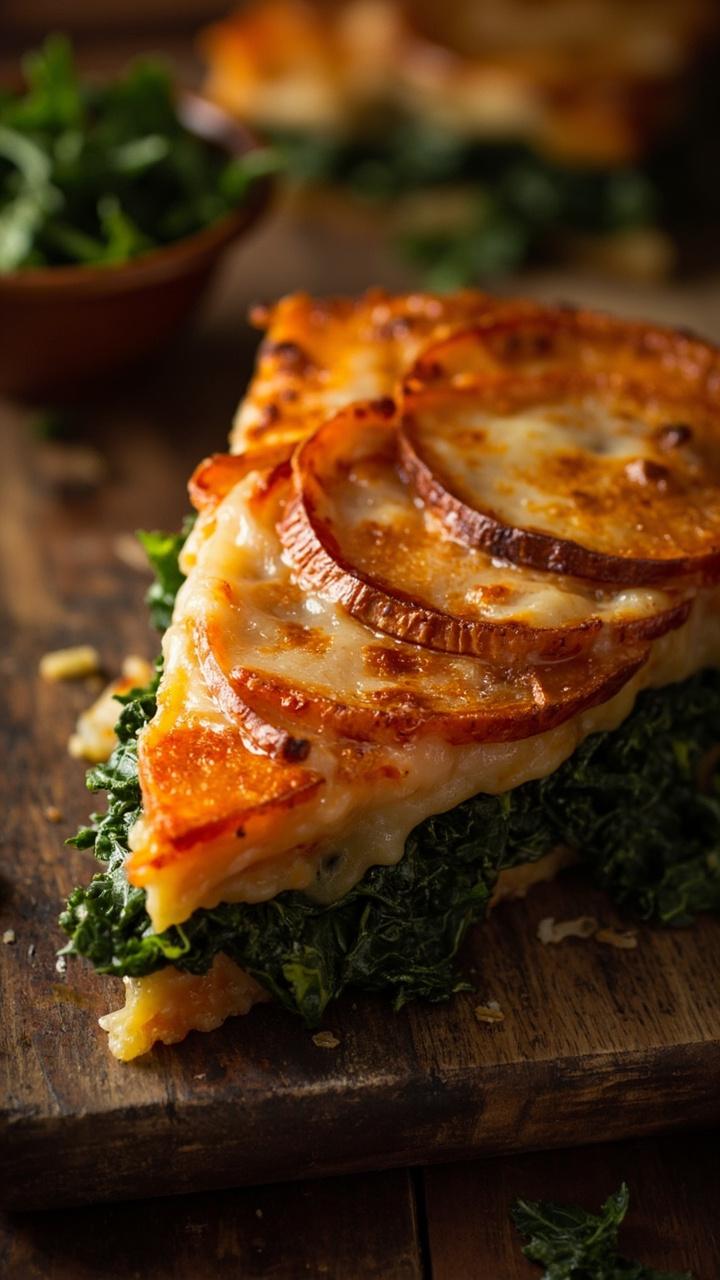A slice showing thin sweet potato rounds layered with wilted kale and melted cheddar, a small bowl of extra kale salad, cozy table setting with autumn tones