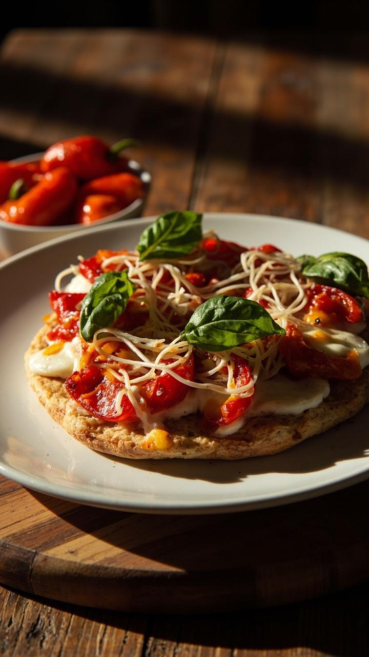 A wedge with strips of roasted red pepper and melted mozzarella threads on top, scattered basil leaves, a white plate on a wooden board and a small bowl of extra roasted peppers