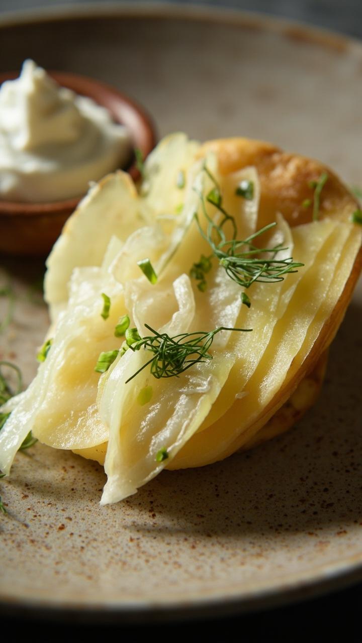 A slice showing tender potato rounds layered with pale leek ribbons and flecks of green dill, a small bowl of sour cream on the side, neutral stoneware plate