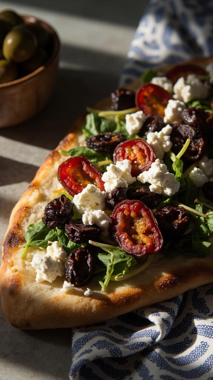 A slice studded with dark olive slices, pieces of sun dried tomato, spinach ribbons and white feta crumbles, a small dish of olives nearby, a blue and white napkin