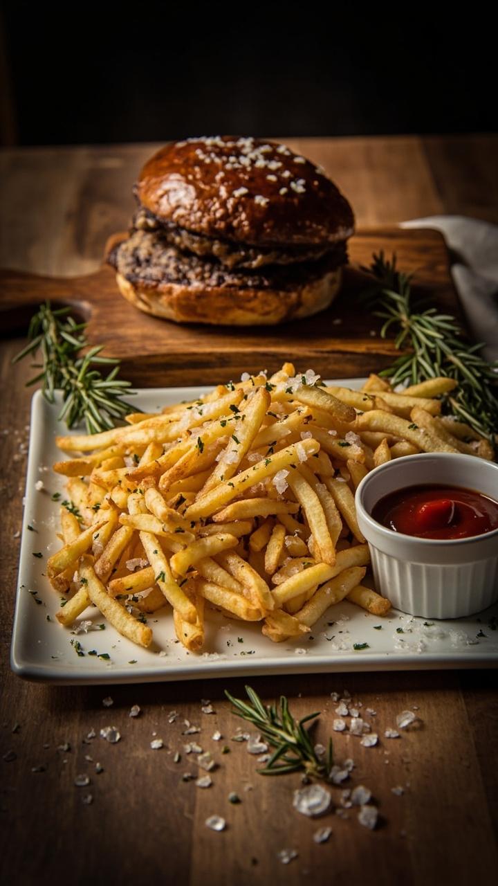 A pile of golden fries sprinkled with chopped rosemary and flaky salt on a long white platter next to a charred burger on a wooden board a small white ramekin of ketchup and a few fresh rosemary sprigs