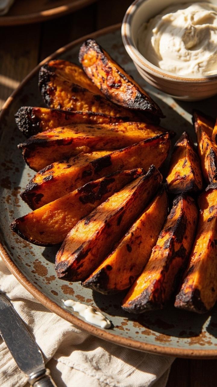 Thick orange sweet potato wedges with charred edges arranged in a fan on a rustic plate a small bowl of pale maple yogurt dip and a butter knife with a smear of dip on a linen napkin