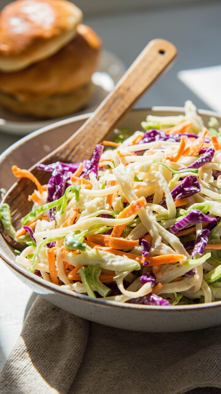 A bowl of pale crunchy coleslaw with thin purple and green cabbage shreds and carrot ribbons a wooden spoon resting in the bowl a small stack of burger buns in the background and a linen napkin
