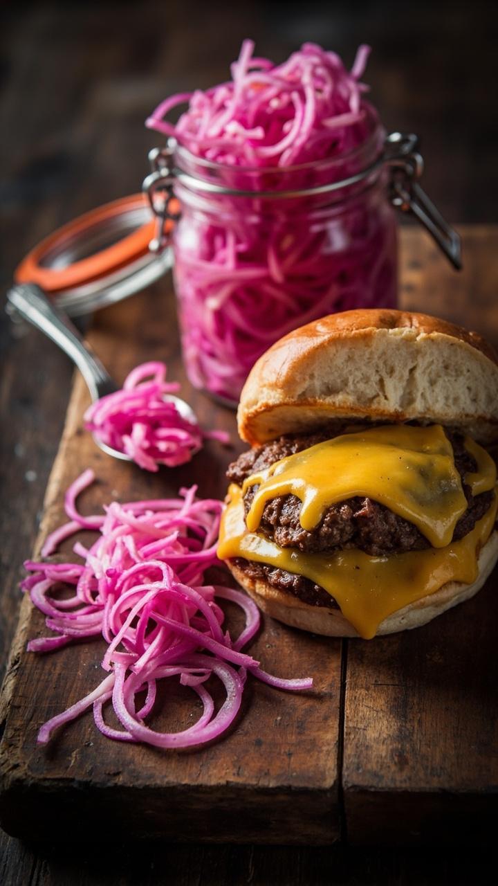 Thin bright pink pickled onion slices piled in a small clear jar next to a burger cut in half showing cheese a wooden board and a small spoon with a few onion slices on it