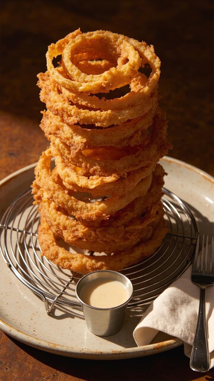 A stack of golden onion rings with lacy edges on a round wire rack over a plate a small metal cup of dipping sauce and a napkin with a fork beside it