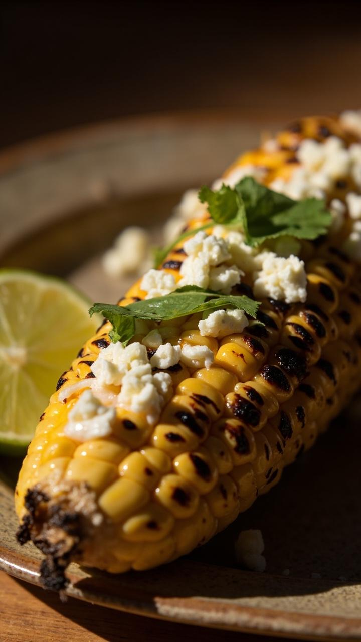 A halved corn cob with charred kernels slathered in pale chili lime butter sprinkled with cotija cheese and tiny cilantro leaves on a rustic plate a lime wedge beside it