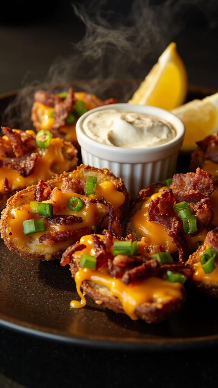Crispy potato skins filled with melted cheddar bacon bits and scallions arranged on a dark platter a small bowl of sour cream in the center and a few lemon wedges on the side