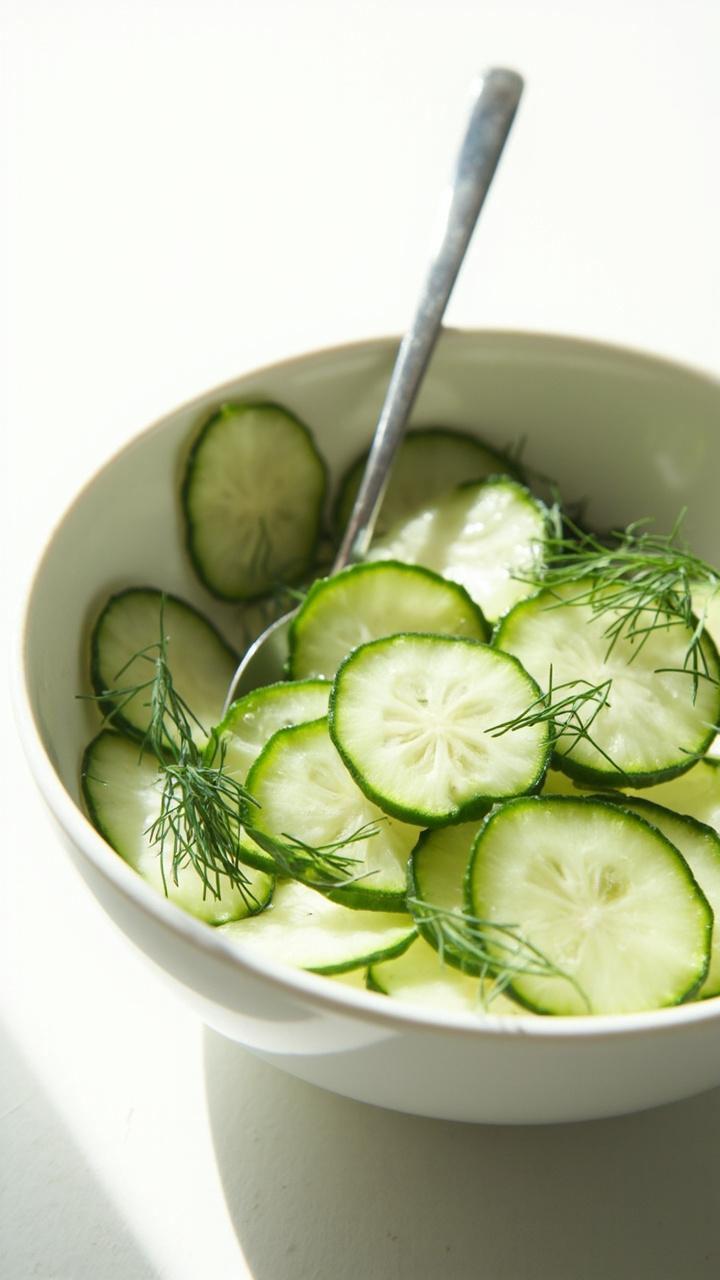Thin pale green cucumber slices tossed with flecks of dill in a shallow white bowl a few cucumber rounds fanned on the rim and a silver spoon resting inside