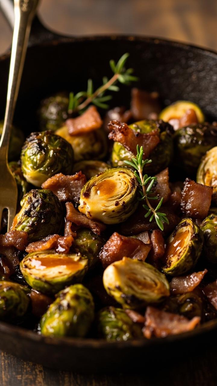Halved browned Brussels sprouts with crisp bacon pieces and a drizzle of glossy maple on a shallow cast iron skillet a fork resting at the edge and a sprig of thyme for garnish