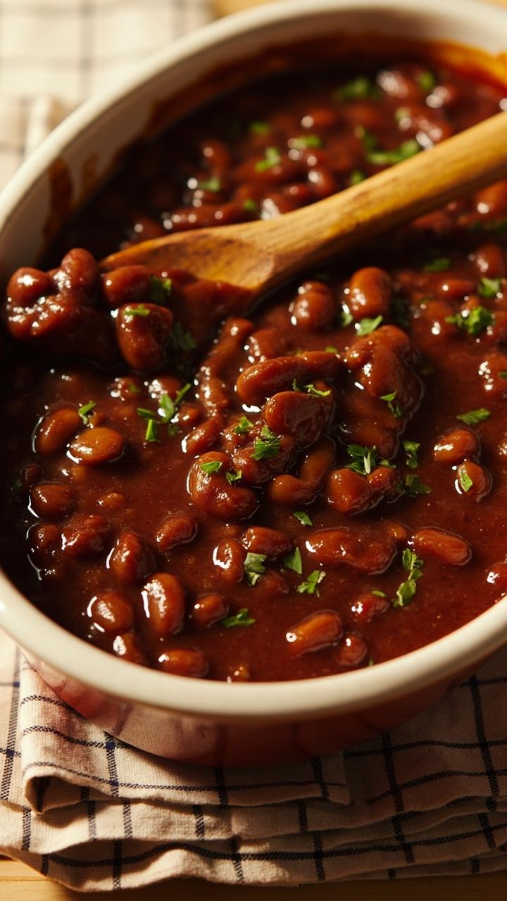 Deep brown glossy baked beans topped with a sprinkle of chopped parsley in an oval ceramic dish a wooden spoon inside and a folded checked napkin underneath